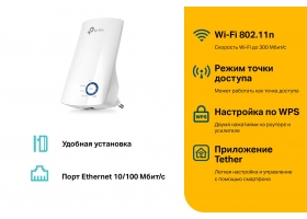 Усилитель WiFi TP-LINK TL-WA850RE до 300Мбит/с,1хEthernet, 2встр